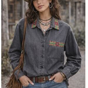 Vintage Pendleton Knockabout Shirt Button Up Tribal Embroidery Trim Chambray